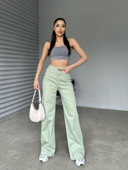 Mint Green High-Waisted Wide-Leg Jeans