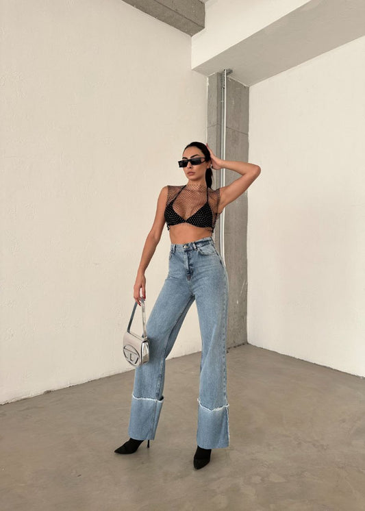 High-Waisted Wide-Leg Jeans with Distressed Hem