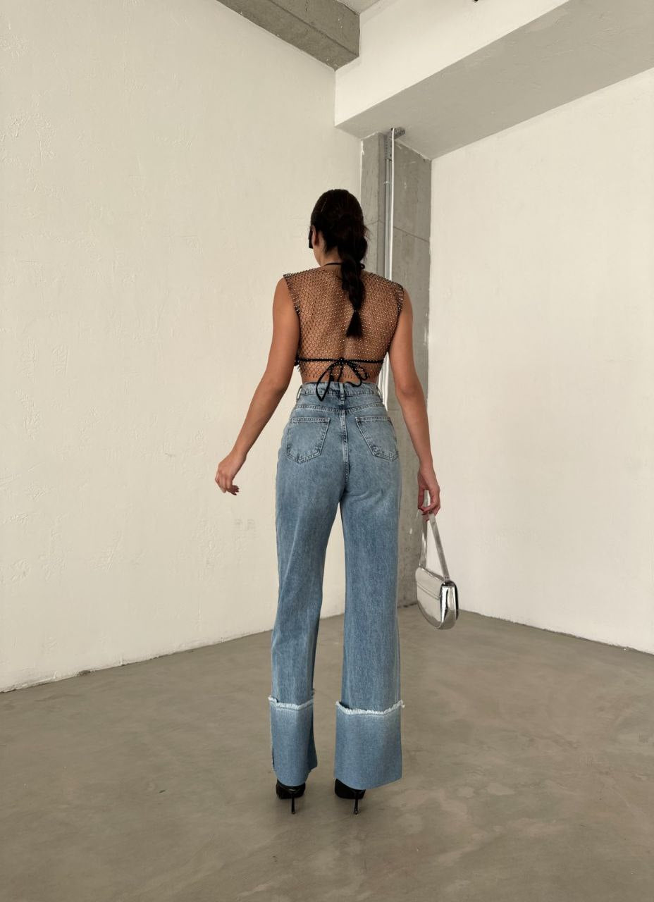 High-Waisted Wide-Leg Jeans with Distressed Hem